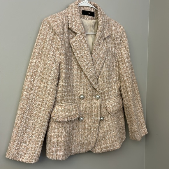 Pink & Cream Tweed Double Breasted Blazer Faux Pearl Buttons size Medium - Picture 3 of 11